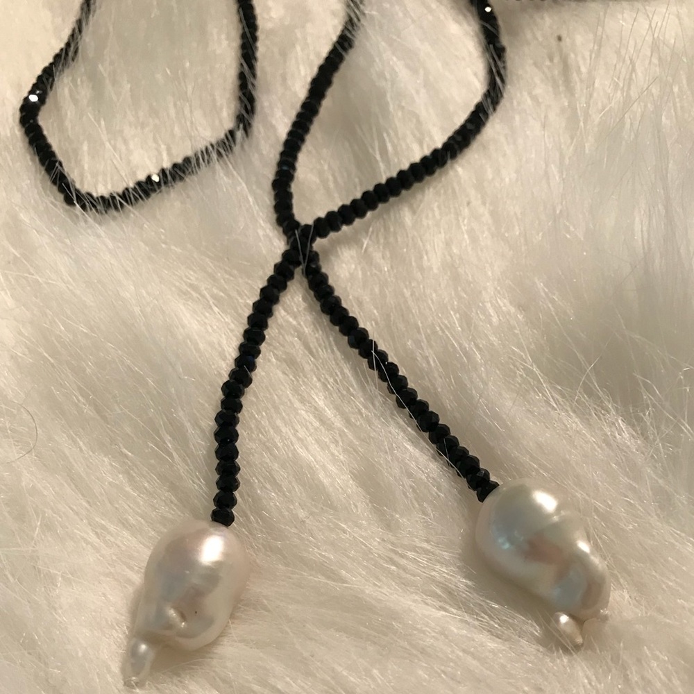 Baroque Pearls | Black Swarovski Crystal Lariat Necklace Worn Twice
